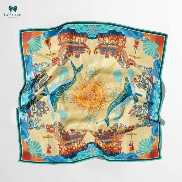 Khăn lụa vuông in hai mặt họa tiết Lễ Hội Cầu ngư 70x70cm